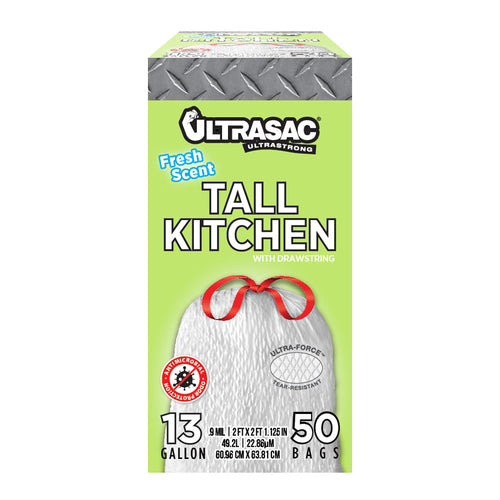 Ultrasac 13 Gallon 0.9 MIL Fresh Scent White Drawstring Tall Kitchen Trash Bags,  - 24 X 25