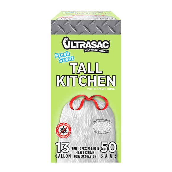 Ultrasac 13 Gallon 0.9 MIL Fresh Scent White Drawstring Tall Kitchen Trash Bags,  - 24